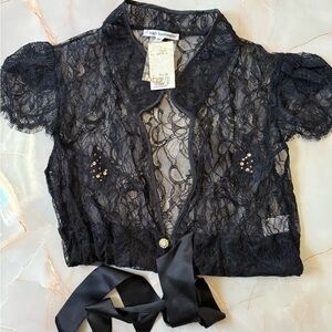 Elegant Black Lace Tie-Front Top